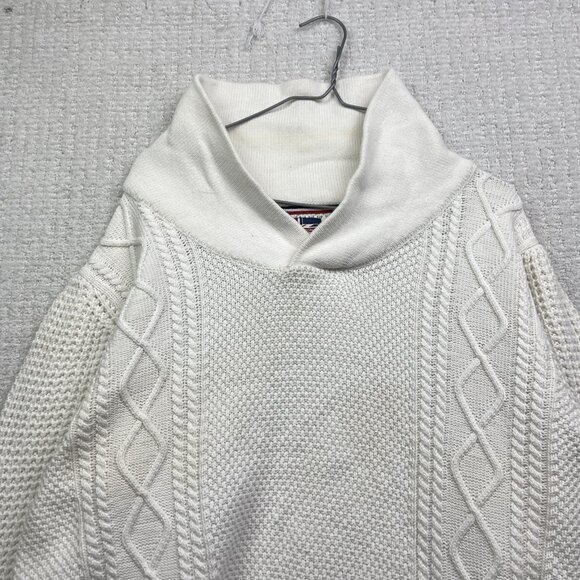 Soul of London 3D Cable Knit Shawl Collar White Sweater Mens 1XL Preppy Read - Picture 4 of 16